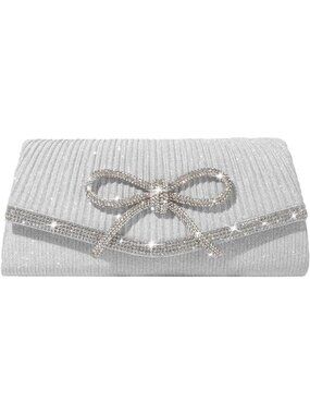 Women's Silver Sparkly Bow Rhinestone Clutch Purse Glitter Evening Bag